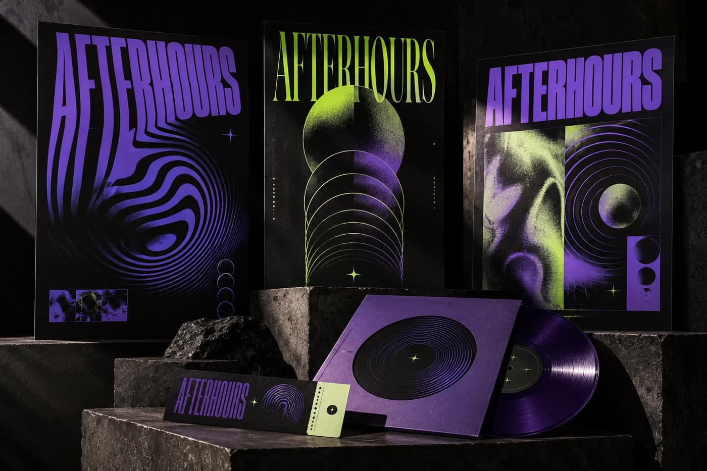 Fictional AFTERHOURS violet and chartreuse music posters, ticket and vinyl sleeve