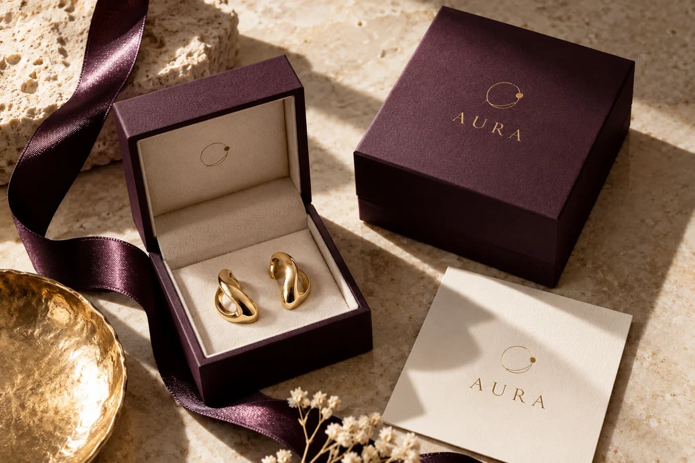 Fictional AURA aubergine jewellery boxes with sculptural earrings and ivory care cards