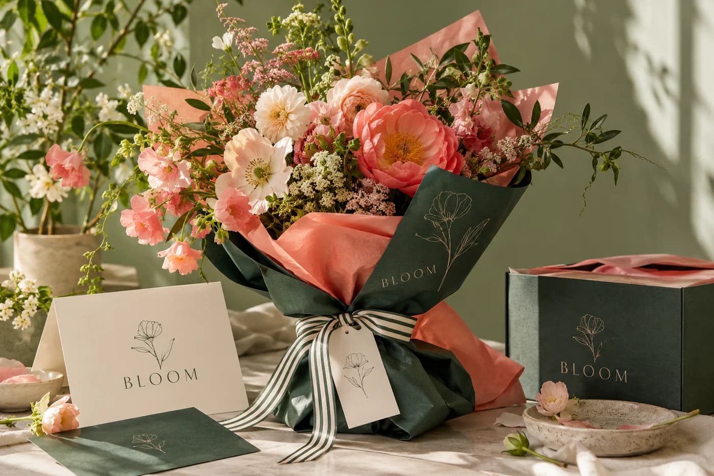 Fictional BLOOM coral and forest-green floral stationery and wrapped bouquet