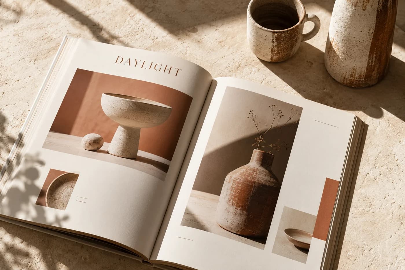 Fictional DAYLIGHT ceramic homeware catalogue beside handmade vessels in warm sunlight