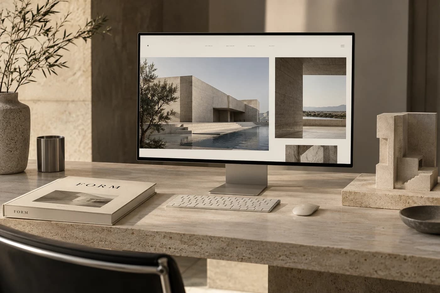 Fictional FORM architecture website on a monitor beside a monograph and concrete model
