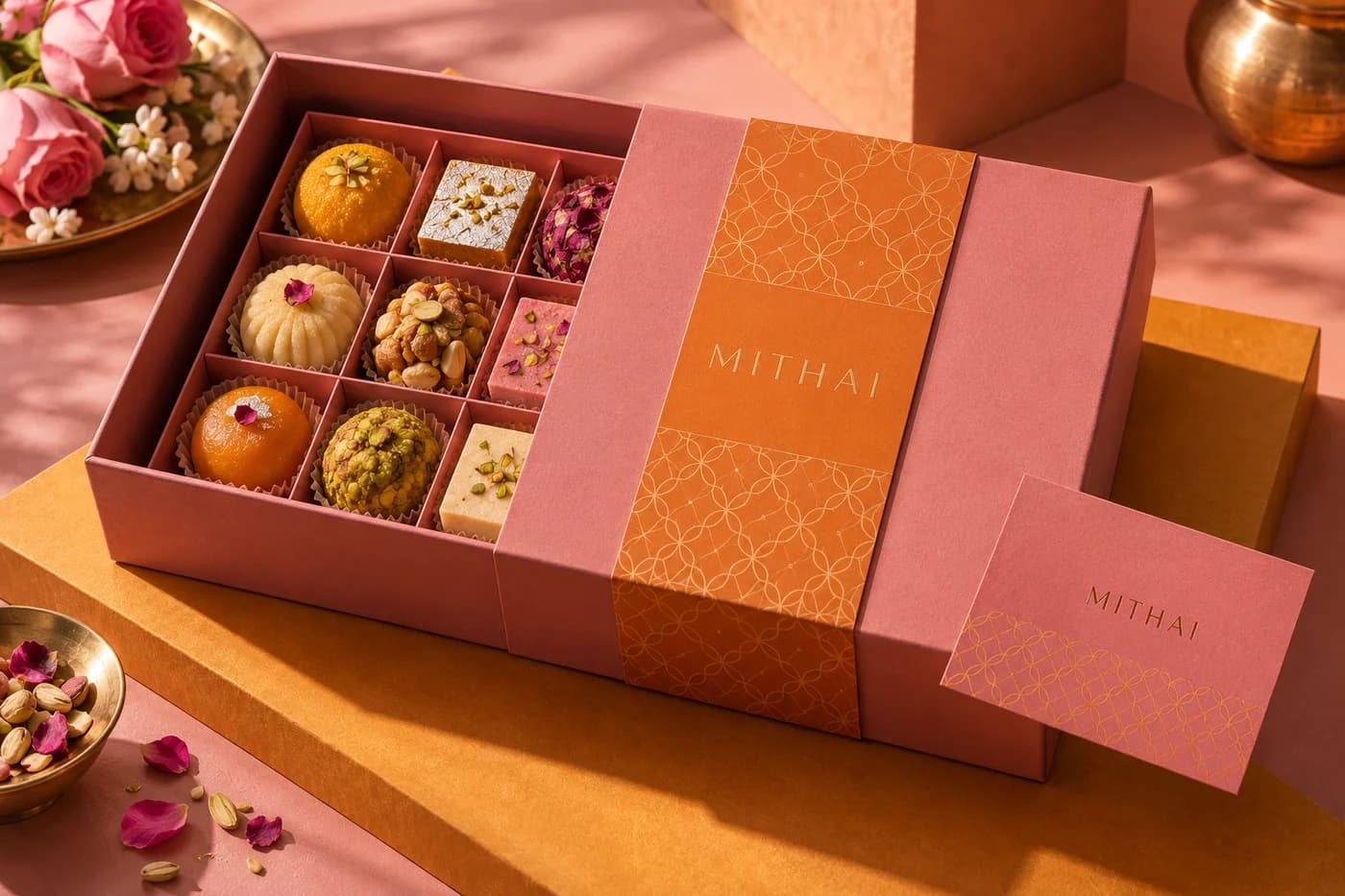 Fictional MITHAI rose and saffron gift packaging with traditional Indian sweets