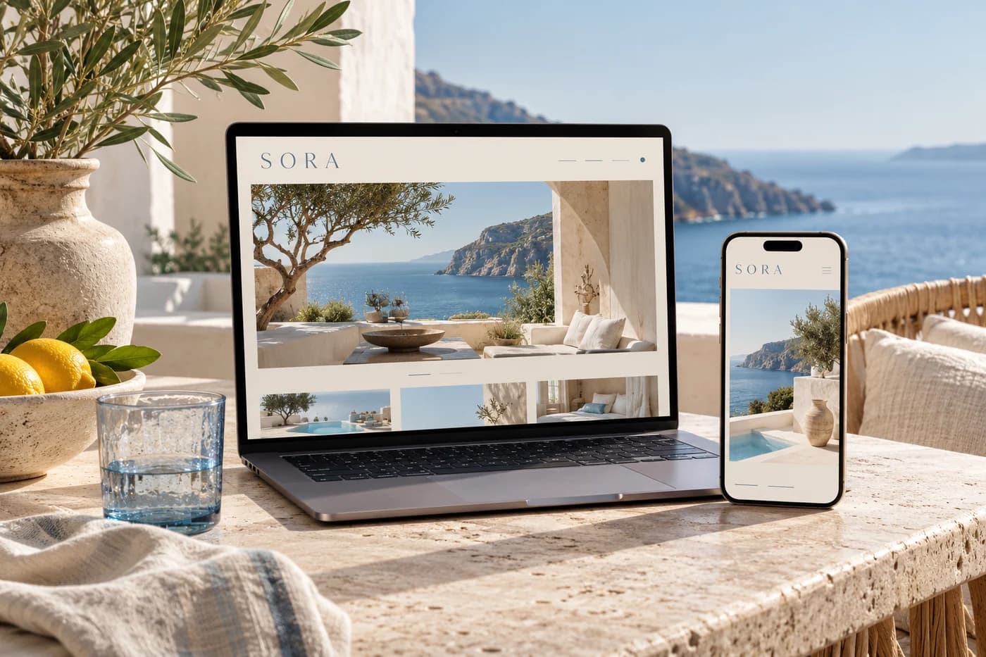 Fictional SORA coastal travel website mockups on a laptop and phone in a sunlit setting