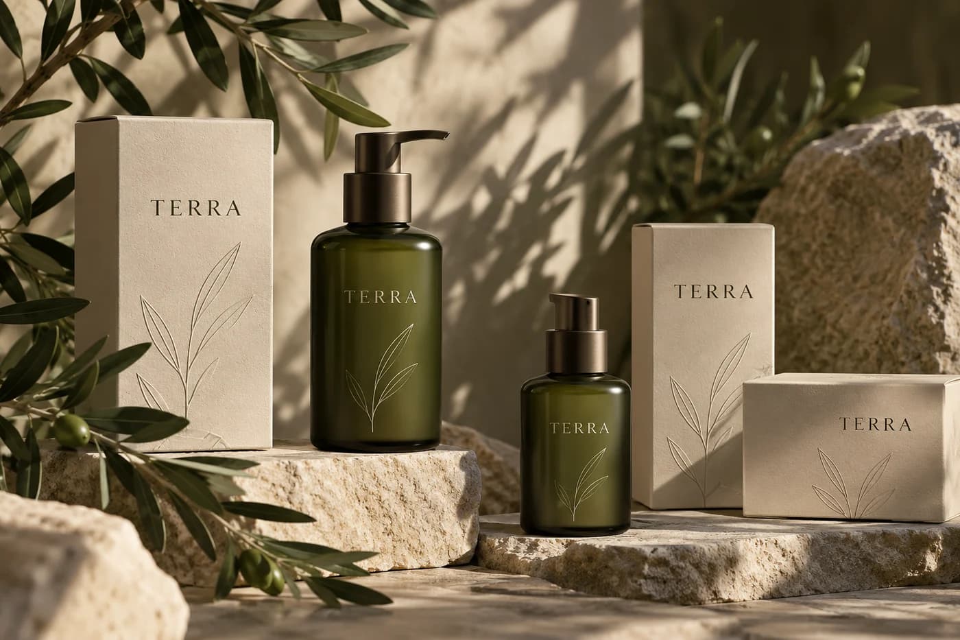 Fictional TERRA olive glass skincare bottles with cream cartons and botanical shadows